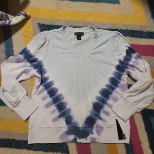 NWT Women's Large Design 365 Purple Blue Tie-Dye Comfy Sweatshirt VNeck Top